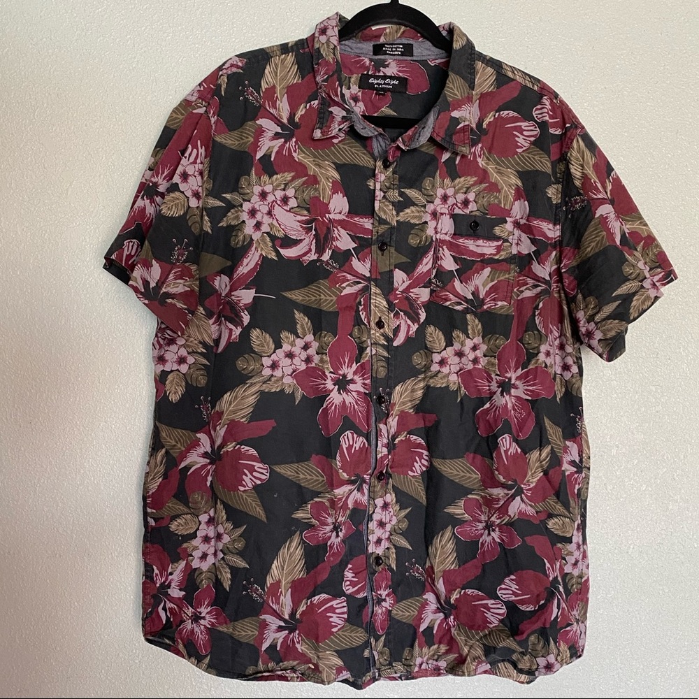 Mens Black Maroon Hawaiian Floral Button Down Shirt Size XXL
